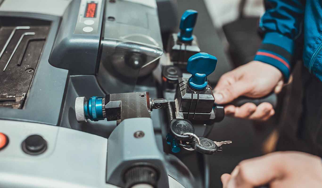 Close-up of car key duplication in progress using advanced locksmith equipment