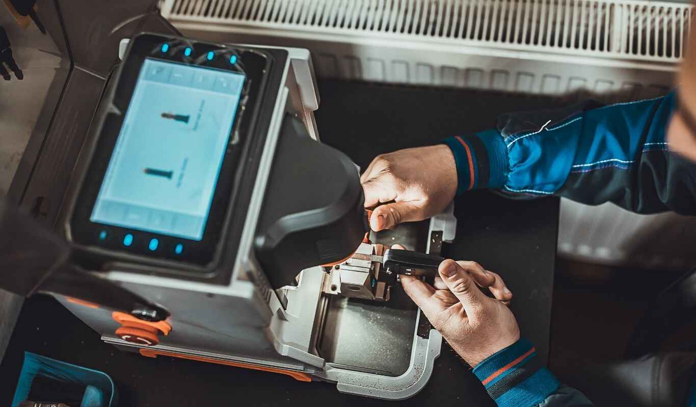 ocksmith programming a car key using a digital key-cutting and coding machine